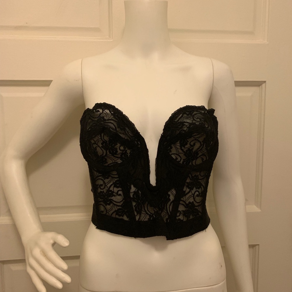 Pretty Plunging Black Backless Lace Bustier 36B